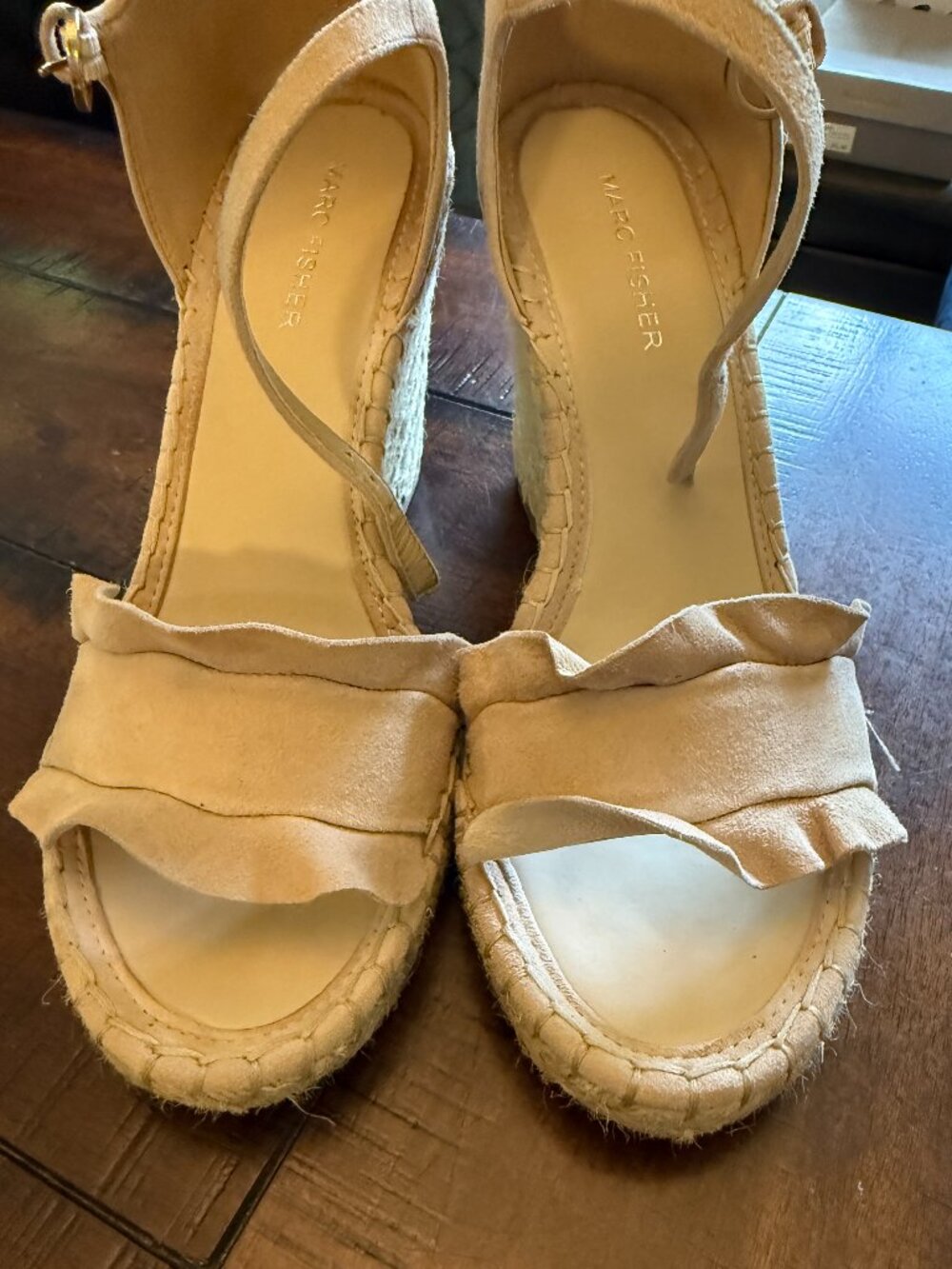 MARC FISHER Suede Wedge Sandals, Beige, size 8.5